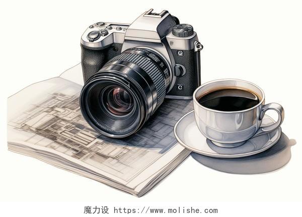 相机和咖啡彩铅手绘AI插画